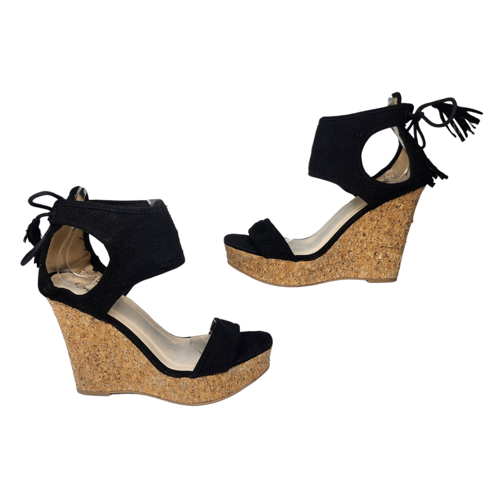 Black Boho Wedge Heels Womens 7.5 Platform Tassel Peep Toe Dressy Evening